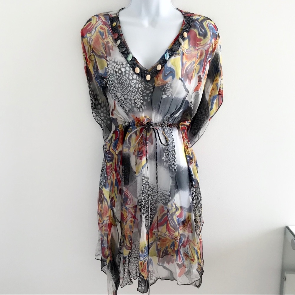 Bedo Boho Chic Gemstone Drawstring Waist Batwing Sleeve Swimsuit Beach Cover Up
